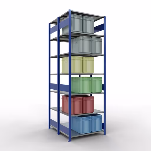 Basisplank, dubbele plank, legplank-insteeksysteem MULTIplus150, 3000 x 1000 x (2x600) mm, 2x7 legborden, lengtestangen, RAL 5010 gentiaanblauw van Schulte Lagertechnik met artikelnr. 33162-B