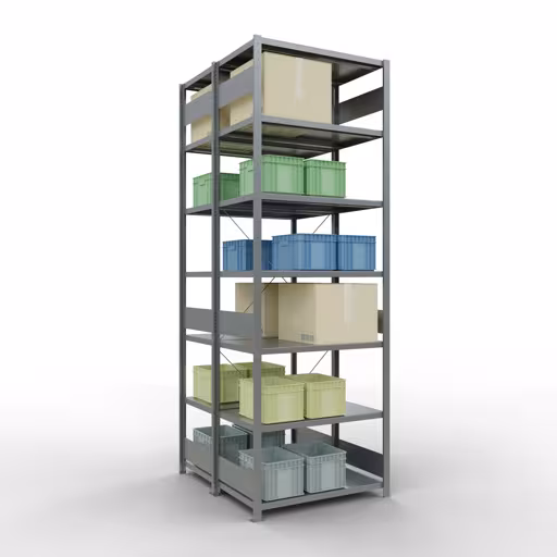 Basisplank, dubbele plank, legplank-insteeksysteem MULTIplus250, 3000 x 1000 x (2x600) mm, 2x7 legborden, kruisschoor, verzinkt met art.nr. 14262-G Basisplank, dubbele plank, rekkensysteem MULTIplus250, 3000 x 1000 x (2x600) mm, 2x7 planken, kruisschoor, gegalvaniseerd van Schulte Lagertechnik uit de categorie rekken