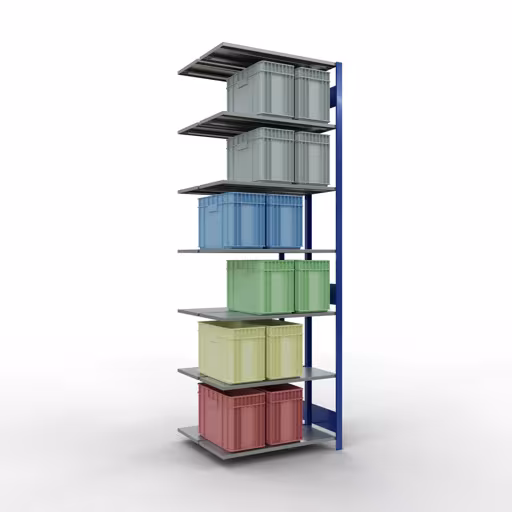 Andere weergave van het artikel Aanbouwrekken, dubbele rekken, rekkensysteem MULTIplus150, 3000 x 1000 x (2x400) mm, 2x7 planken, lengtestangen, RAL 5010 gentiaanblauw uit de categorie rekken