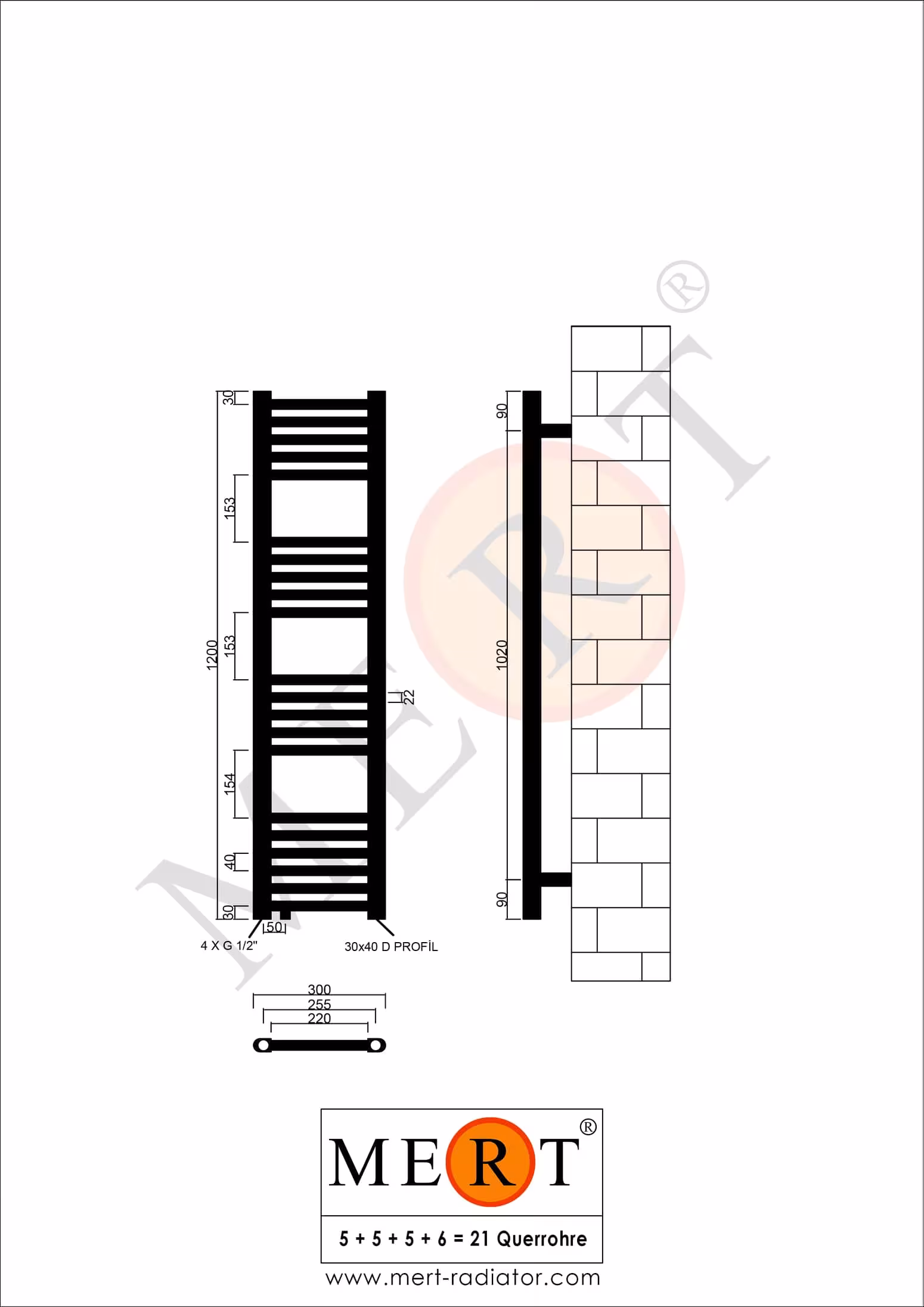 MERT vervangende badkamerradiator wit recht, 300*1200 mm, offset middenaansluiting links of rechtsonder van MERT met het artikelnummer. 1-30x120-AU-50