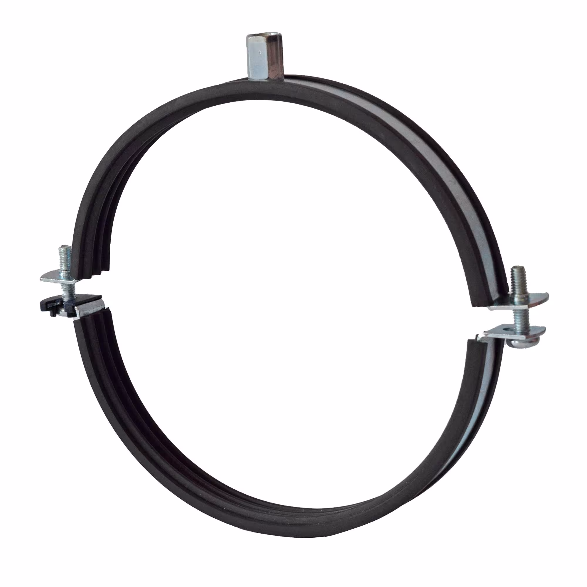 Snelspanventilatieklem met EPDM geluidsisolerend inzetstuk en combinatieschroefdraad M8/10 voor ventilatiebuis DN100 verzinkt staal van Fixotec Fixotec ventilatieklemmen met snelsluiting, ventilatieklemmen, artikelnr. 202007