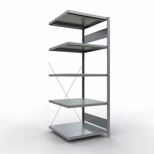Aanbouwrekken, legborden, insteeksysteem MULTIplus250, 2000 x 750 x 800 mm (HxBxD), 5 legborden, kruisschoor, verzinkt, aanbouwplank, art.nr. 12985-75