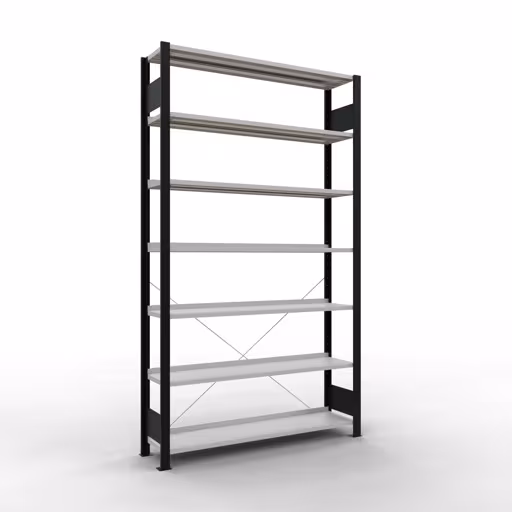 Basisplank, kantoorrek, insteeksysteem MULTIplus85, 2300 x 1300 x 300 mm (HxBxD), 7 planken, kruisschoor, met aanslagbalk, zwart/lichtgrijs van Schulte Lagertechnik Basisplank, kantoorrek, insteeksysteem MULTIplus85, 2300 x 1300 x 300 mm (HxBxD), 7 planken, kruisschoor, met stoplijst, zwart/lichtgrijs, insteeksysteem, art.nr. 36014-S
