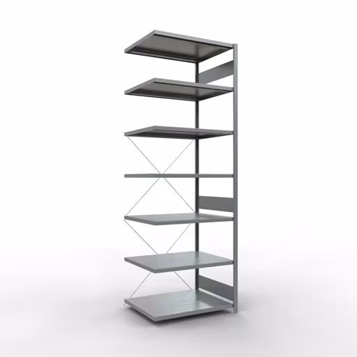Aanbouwrekken, legborden, insteeksysteem MULTIplus250, 3000 x 1000 x 800 mm (HxBxD), 7 legborden, kruisschoor, verzinkt, aanbouwplank, art.nr. 12987