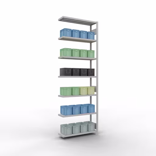 Productafbeelding nr. 15 van het artikel Aanbouwrekken, legbordstellingen, insteeksysteem MULTIplus330, 3000 x 1000 x 300 mm (HxBxD), 7 legborden, lengtestangen, RAL 7035 lichtgrijs Figuur nr. 15 van het artikel aanbouwrekken, legbordstellingen, insteeksysteem MULTIplus330, 3000 x 1000 x 300 mm, 7 legborden, lengtestangen, RAL 7035 lichtgrijs uit de insteeksysteem productgroep van Schulte Lagertechnik.