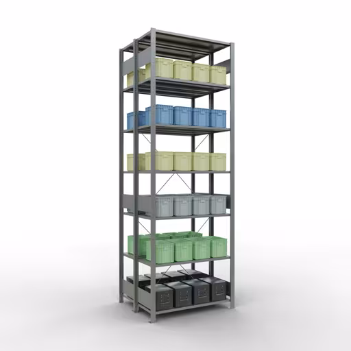 Productafbeelding nr. 13 van het artikel Basisplank, dubbele plank, rekkensysteem MULTIplus150, 3000 x 1000 x (2x800) mm (HxBxD), 2x7 planken, kruisschoor, verzinkt Figuur nr. 13 van het artikel basisrek, dubbel legbord, legbordinsteeksysteem MULTIplus150, 3000 x 1000 x (2x800) mm, 2x7 legborden, kruisschoor, verzinkt uit de productgroep legbordstellingen van Schulte Lagertechnik.