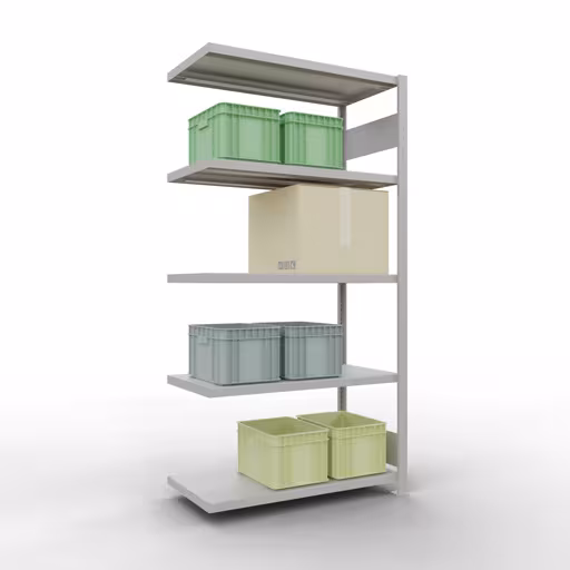 Aanbouwrekken, rekken, insteeksysteem MULTIplus330, 2000 x 1000 x 500 mm (HxBxD), 5 legborden, lengtestangen, RAL 7035 lichtgrijs uit de categorie aanbouwrekken met GTIN 4004514296610 Aanbouwrek, stelling, insteeksysteem MULTIplus330, 2000 x 1000 x 500 mm, 5 legborden, lengtestangen, RAL 7035 lichtgrijs van Schulte Lagertechnik uit het assortiment insteeksysteem