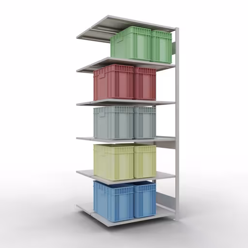 Aanbouwrekken, dubbele rekken, stellingsysteem MULTIplus150, 2500 x 1000 x (2x500) mm (HxBxD), 2x6 planken, lengtestangen, RAL 7035 lichtgrijs met de GTIN 4004514269980 Aanbouwrekken, dubbele rekken, rekkensysteem MULTIplus150, 2500 x 1000 x (2x500) mm, 2x6 planken, RAL 7035 lichtgrijs van Schulte Lagertechnik met het artikelnr. 33156