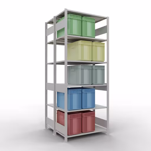 Basisplank, dubbele plank, legplank-insteeksysteem MULTIplus150, 2500 x 1000 x (2x500) mm (HxBxD), 2x6 legborden, lengtestangen, RAL 7035 lichtgrijs met artikelnr. 33151 Basisplank, dubbele plank, rekkensysteem MULTIplus150, 2500 x 1000 x (2x500) mm, 2x6 planken, RAL 7035 lichtgrijs van Schulte Lagertechnik uit de categorie rekken