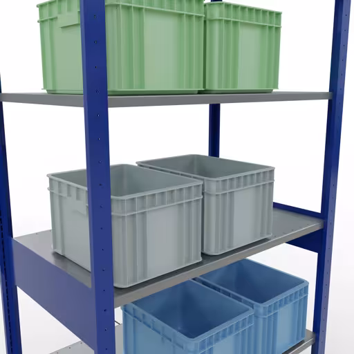 Andere productaanzicht Basisplank, legbord, insteeksysteem MULTIplus150, 2500 x 1000 x 600 mm (HxBxD), 6 legborden, kruisschoor, RAL 5010/verzinkt Andere weergave van het artikel Basisplank, legbord-insteeksysteem MULTIplus150, 2500 x 1000 x 600 mm, 6 legborden, RAL 5010/verzinkt uit de categorie insteeksysteem