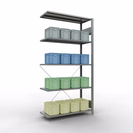 Aanbouwrekken, rekken, insteeksysteem MULTIplus150, 2000 x 1000 x 400 mm (HxBxD), 5 legborden, kruisschoor, verzinkt - Expressline met de GTIN 4058255068609 Aanbouwplank, legbord, insteeksysteem MULTIplus150, 2000 x 1000 x 400 mm, 5 legborden, verzinkt - Expressline van Schulte Lagertechnik met het artikelnr. 12745-K