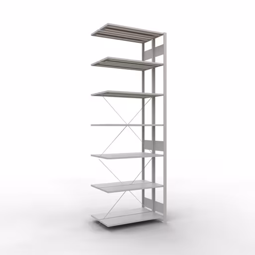 Aanbouwrekken, dubbele rekken, stellingsysteem MULTIplus150, 3000 x 1000 x (2x600) mm (HxBxD), 2x7 planken, kruisschoor, RAL 7035 lichtgrijs, dubbele planken, art.nr. 32737