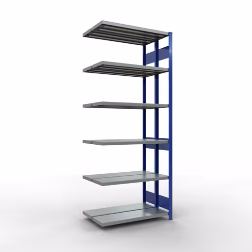 Aanbouwrekken, dubbele rekken, stellingsysteem MULTIplus250, 2500 x 1000 x (2x300) mm (HxBxD), 2x6 planken, lengtestangen, RAL 5010 gentiaanblauw van Schulte Lagertechnik Aanbouwrekken, dubbele rekken, stellingsysteem MULTIplus250, 2500 x 1000 x (2x300) mm (HxBxD), 2x6 planken, lengtestangen, RAL 5010 gentiaanblauw, dubbele planken, art.nr. 33236-B