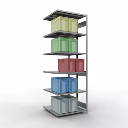 Aanbouwstelling, dubbele stelling, stellingsysteem MULTIplus250, 3000 x 1000 x (2x500) mm (HxBxD), 2x7 planken, lengtestangen, verzinkt uit de categorie dubbele stelling met de GTIN 4058255035649 Aanbouwrekken, dubbele rekken, rekkensysteem MULTIplus250, 3000 x 1000 x (2x500) mm, 2x7 planken, lengtestangen, verzinkt van Schulte Lagertechnik uit het rekkenprogramma