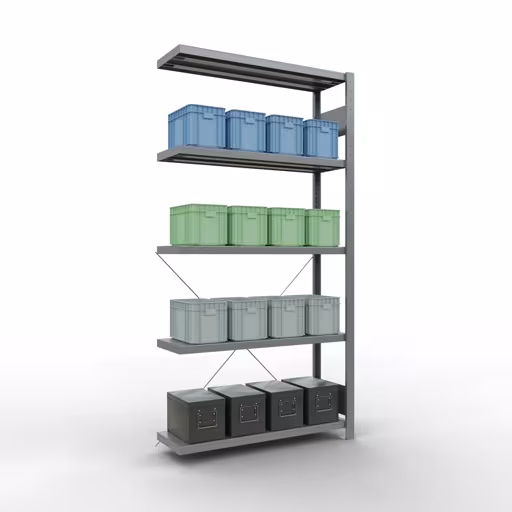 Extra afbeelding bij het artikel Aanbouwstelling, stellingstelling, insteeksysteem MULTIplus250, 2000 x 1000 x 300 mm (HxBxD), 5 legborden, kruisschoor, verzinkt Extra afbeelding van het artikel Aanbouwplank, legbord, insteeksysteem MULTIplus250, 2000 x 1000 x 300 mm, 5 legborden, kruisschoor, verzinkt vanaf opzetplank