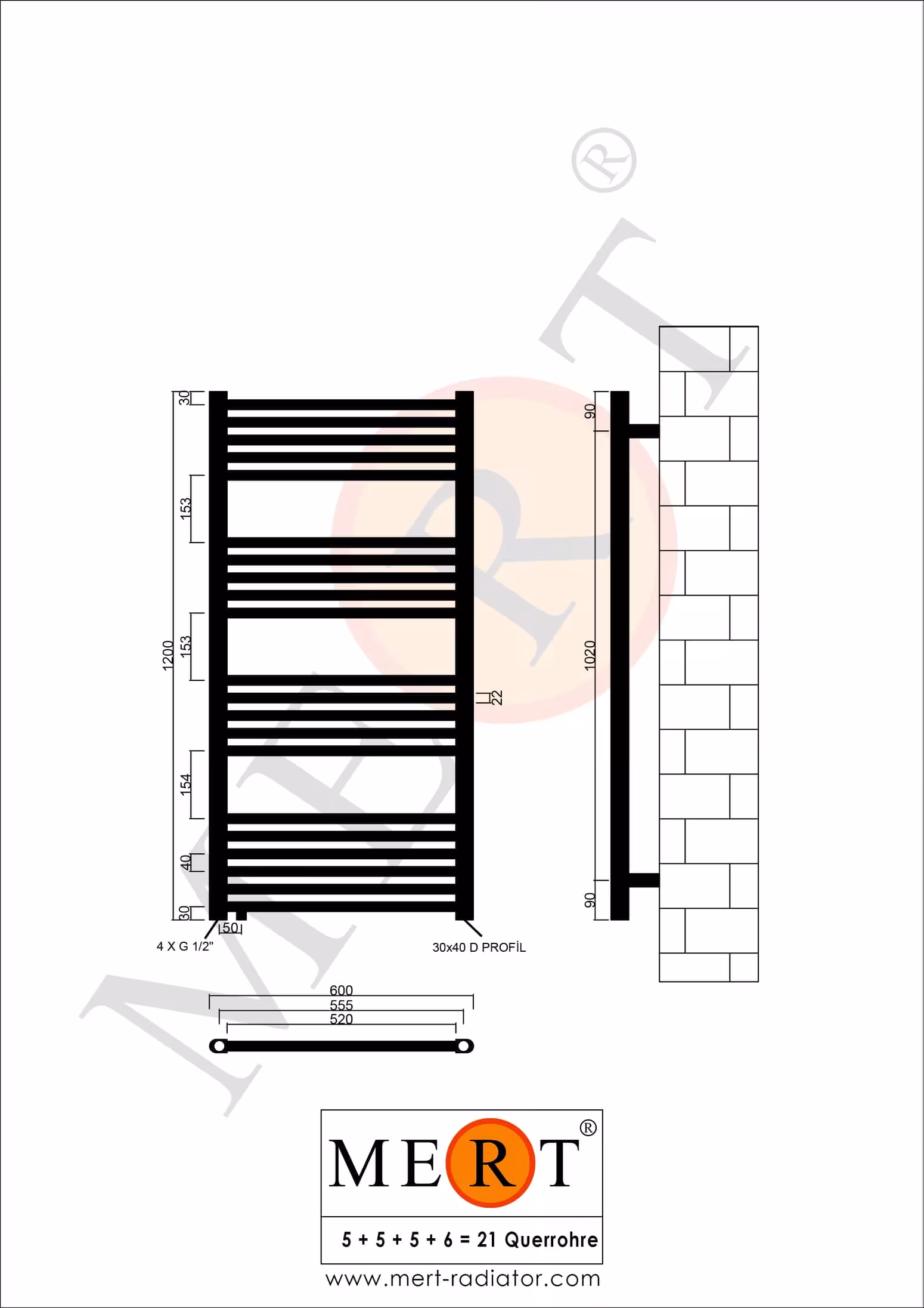MERT vervangende badkamerradiator wit recht, 600*1200 mm, offset middenaansluiting links of rechtsonder van MERT met het artikelnummer. 1-60x120-AU-50