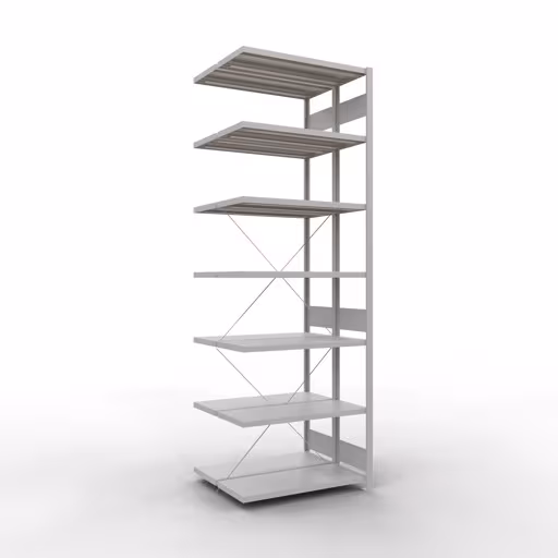 Aanbouwrekken, dubbele rekken, stellingsysteem MULTIplus250, 3000 x 1000 x (2x400) mm (HxBxD), 2x7 planken, kruisschoor, RAL 7035 lichtgrijs, dubbele planken, art.nr. 32147-A