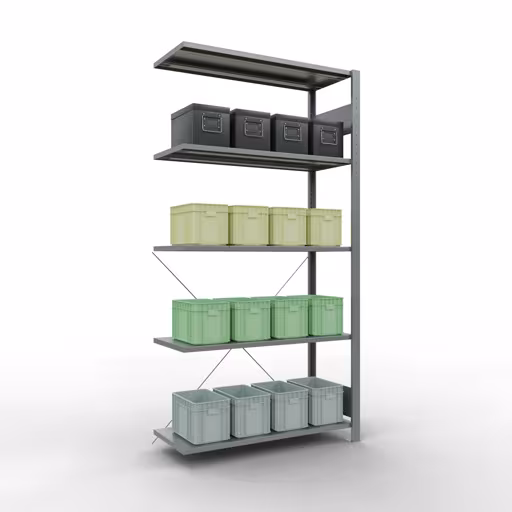 Productafbeelding nr. 14 van het artikel Aanbouwstelling, stellingstelling, insteeksysteem MULTIplus85, 2000 x 1000 x 400 mm (HxBxD), 5 legborden, kruisschoor, verzinkt Figuur nr. 14 van het artikel aanbouwrekken, legbordstellingen, insteeksysteem MULTIplus85, 2000 x 1000 x 400 mm, 5 legborden, verzinkt uit de productgroep insteeksysteem van het merk Schulte Lagertechnik.