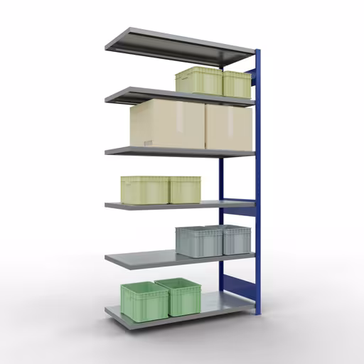 Productafbeelding nr. 12 van het artikel Aanbouwrekken, legbordstellingen, insteeksysteem MULTIplus250, 2500 x 1300 x 600 mm (HxBxD), 6 legborden, lengtestangen, RAL 5010 gentiaanblauw/verzinkt Afbeelding nr. 12 van het artikel aanbouwrekken, legbordstellingen, insteeksysteem MULTIplus250, 2500 x 1300 x 600 mm, 6 legborden, lengtestangen, RAL 5010 gentiaanblauw/verzinkt uit de productgroep insteeksysteem van Schulte Lagertechnik.