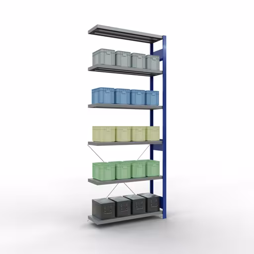 Afbeelding nr. 12 van het artikel aanbouwrekken, stellingrekken, insteeksysteem MULTIplus330, 2500 x 1000 x 300 mm, 6 legborden, kruisschoor, RAL 5010 gentiaanblauw/verzinkt uit de productgroep insteeksysteem van Schulte Lagertechnik
