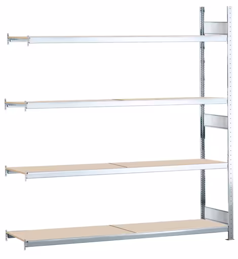 Aanbouwstellingen, breedvakstellingen WS 2000 met spaanplaat, 2500 x 2000 x 500 mm (HxBxD), verzinkt, 4 niveaus, vakbelasting 400 kg, vakbelasting 1.600 kg van Schulte Lagertechnik Aanbouwstelling, breedvakstelling WS 2000 met spaanplaat, 2500 x 2000 x 500 mm (HxBxD), verzinkt, 4 niveaus, vakbelasting 400 kg, vakbelasting 1.600 kg, WS2000, art.nr. 15633