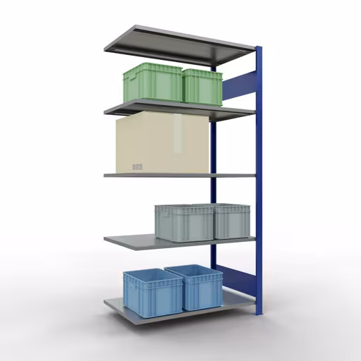 Aanbouwstelling, stellingkast MULTIplus150 insteeksysteem, 2000 x 1000 x 600 mm (HxBxD), 5 legborden, lengtestangen, RAL 5010 gentiaanblauw/verzinkt met de GTIN 4004514281081 Aanbouwrekken, rekken, insteeksysteem MULTIplus150, 2000 x 1000 x 600 mm, 5 planken, RAL 5010 gentiaanblauw/gegalvaniseerd van Schulte Lagertechnik met artikelnr. 12765-LR-B