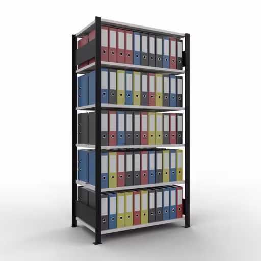 Basisstelling, kantoorstelling, insteeksysteem MULTIplus150, 2000 x 1000 x 600 mm, 6 legborden, lengtestangen, met middenaanslag, zwart/lichtgrijs van Schulte Lagertechnik uit het assortiment kantoorstellingen