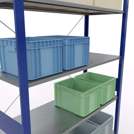 Andere productaanzicht Basisplank, legbord, insteeksysteem MULTIplus150, 3000 x 1300 x 500 mm (HxBxD), 7 legborden, kruisschoor, RAL 5010 gentiaanblauw/verzinkt Andere weergave van het artikel basisplank, legbord, insteeksysteem MULTIplus150, 3000 x 1300 x 500 mm, 7 legborden, RAL 5010 gentiaanblauw/verzinkt uit de categorie insteeksysteem