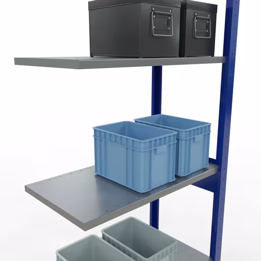 Aanbouwrekken, legbordstellingen, insteeksysteem MULTIplus150, 2500 x 750 x 400 mm, 6 legborden, lengtestangen, RAL 5010 gentiaanblauw/verzinkt/verzinkt met artikelnr. 12746-75-LR-B Aanbouwrekken, rekken, insteeksysteem MULTIplus150, 2500 x 750 x 400 mm, 6 legborden, lengtestangen, RAL 5010 gentiaanblauw/verzinkt/verzinkt van Schulte Lagertechnik uit de categorie insteeksystemen