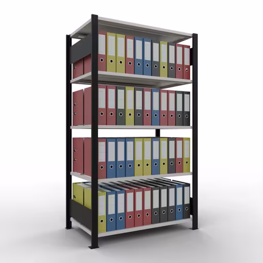 Productafbeelding nr. 14 van het artikel basisplank, kantoorplank, insteeksysteem MULTIplus150, 1800 x 1000 x 600 mm, 5 planken, lengtestangen, met middenaanslag, zwart/lichtgrijs Figuur nr. 14 van het artikel, kantoorrekken, insteeksysteem MULTIplus150, 1800 x 1000 x 600 mm, 5 planken, met middenaanslag, zwart/lichtgrijs uit de productgroep kantoorrekken van Schulte Lagertechnik.