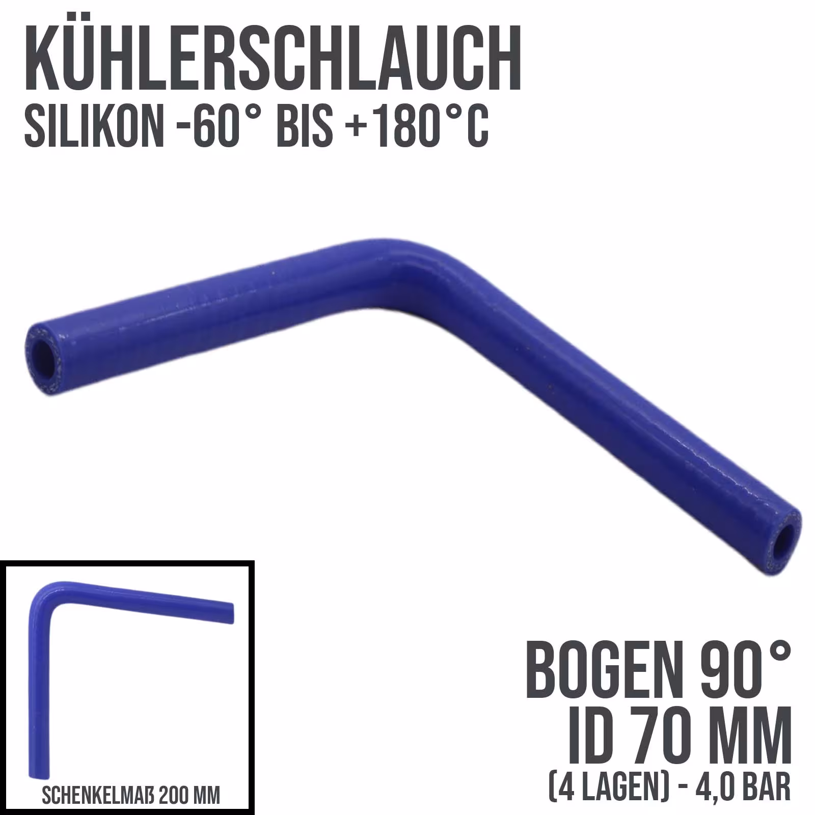 70 x 80 mm radiateurslang siliconen bocht 90° LLK inlaatlucht koelvloeistofslang blauw (4,0 bar) - 200 mm van DEINSCHLAUCH24 70 x 80 mm radiateurslang siliconen bocht 90° LLK inlaatlucht koelvloeistofslang blauw (4,0 bar) - 200 mm, koelwaterslangen, art.nr. KSB070-090-200GA
