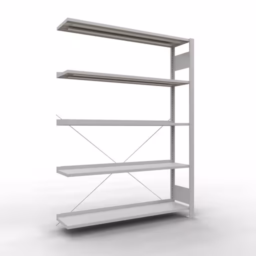 Aanbouwstelling, kantoorstelling, insteeksysteem MULTIplus85, 1800 x 1300 x 300 mm (HxBxD), 5 legborden, kruisschoor, met aanslaglijst, lichtgrijs, insteeksysteem, art.nr. 36005