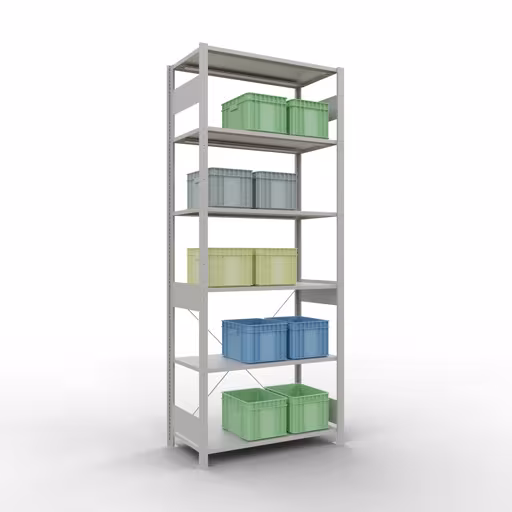 Basisplank, legplank, insteeksysteem MULTIplus150, 2500 x 1000 x 500 mm (HxBxD), 6 legborden, kruisschoor, RAL 7035 lichtgrijs uit de categorie basisplanken met de GTIN 4004514203748 Basisplank, legbord, insteeksysteem MULTIplus150, 2500 x 1000 x 500 mm, 6 planken, kruisschoor, RAL 7035 lichtgrijs van Schulte Lagertechnik uit het assortiment insteeksysteem