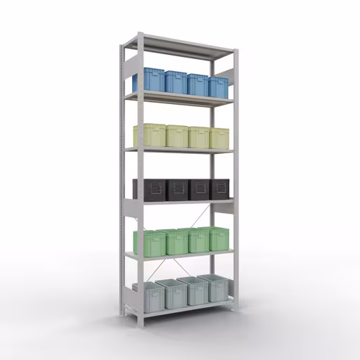 Productafbeelding nr. 13 van het artikel basisplank, legbord, insteeksysteem MULTIplus85, 2500 x 1000 x 400 mm (HxBxD), 6 legborden, kruisschoor, RAL 7035 lichtgrijs Figuur nr. 13 van het artikel basisrek, legplank-insteeksysteem MULTIplus85, 2500 x 1000 x 400 mm, 6 legborden, RAL 7035 lichtgrijs uit de productgroep insteeksysteem van het merk Schulte Lagertechnik.