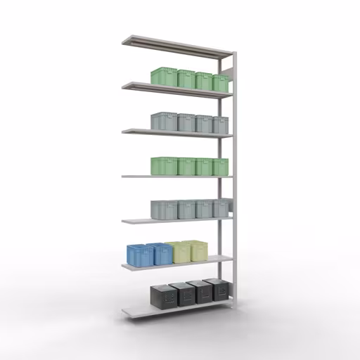Extra afbeelding van het artikel Aanbouwrek, legbord, insteeksysteem MULTIplus150, 3000 x 1300 x 300 mm, 7 legborden, lengtestangen, RAL 7035 lichtgrijs van aanbouwrek