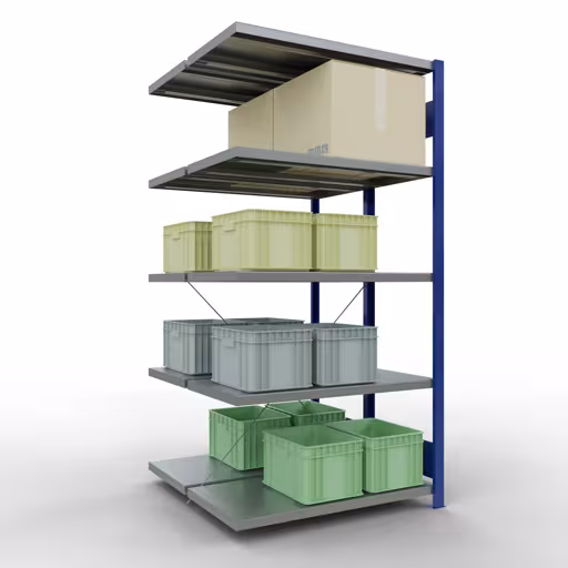 Aanbouwrekken, dubbele rekken, rekkensysteem MULTIplus250, 2000 x 1000 x (2x500) mm (HxBxD), 2x5 planken, kruisschoor, RAL 5010 gentiaanblauw uit de categorie dubbele rekken met de GTIN 4004514292155 Aanbouwrekken, dubbele rekken, rekkensysteem MULTIplus250, 2000 x 1000 x (2x500) mm, 2x5 planken, kruisschoor, RAL 5010 gentiaanblauw van Schulte Lagertechnik uit het rekkenprogramma