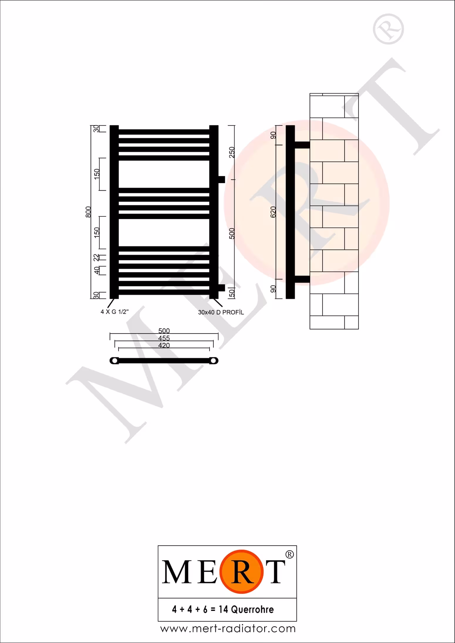 MERT vervangende badkamerradiator wit recht, 500*800 mm, zijdelingse aansluiting 500 mm van MERT met het artikelnr. 1-50x080-ASR-50