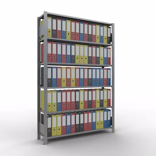 Basisplank, kantoorstelling, insteeksysteem MULTIplus85, 2000 x 1300 x 300 mm, 6 legborden, kruisschoor, verzinkt, met aanslaglijst uit de categorie insteeksysteem met de GTIN 4004514219886 Basisrek, kantoorrek, insteeksysteem MULTIplus85, 2000 x 1300 x 300 mm, 6 legborden, kruisschoor, verzinkt, met aanslagbeugel van Schulte Lagertechnik uit het assortiment kantoorrekken