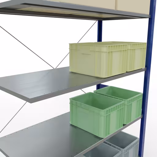 Aanbouwrekken, rekken, insteeksysteem MULTIplus150, 3000 x 1300 x 600 mm (HxBxD), 7 legborden, kruisschoor, RAL 5010 gentiaanblauw/verzinkt uit de categorie aanbouwrekken met GTIN 4004514281142 Aanbouwrekken, rekken, insteeksysteem MULTIplus150, 3000 x 1300 x 600 mm, 7 legborden, RAL 5010 gentiaanblauw/gegalvaniseerd van het merk Schulte Lagertechnik uit het assortiment insteeksysteem