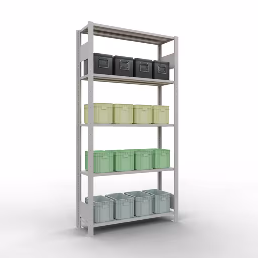 Basisplank, legplank, insteeksysteem MULTIplus85, 2000 x 1000 x 300 mm (HxBxD), 5 legborden, lengtestangen, RAL 7035 lichtgrijs uit de categorie basisplanken met de GTIN 4004514295804 Basisplank, legbord, insteeksysteem MULTIplus85, 2000 x 1000 x 300 mm, 5 legborden, RAL 7035 lichtgrijs van het merk Schulte Lagertechnik uit het assortiment insteeksysteem