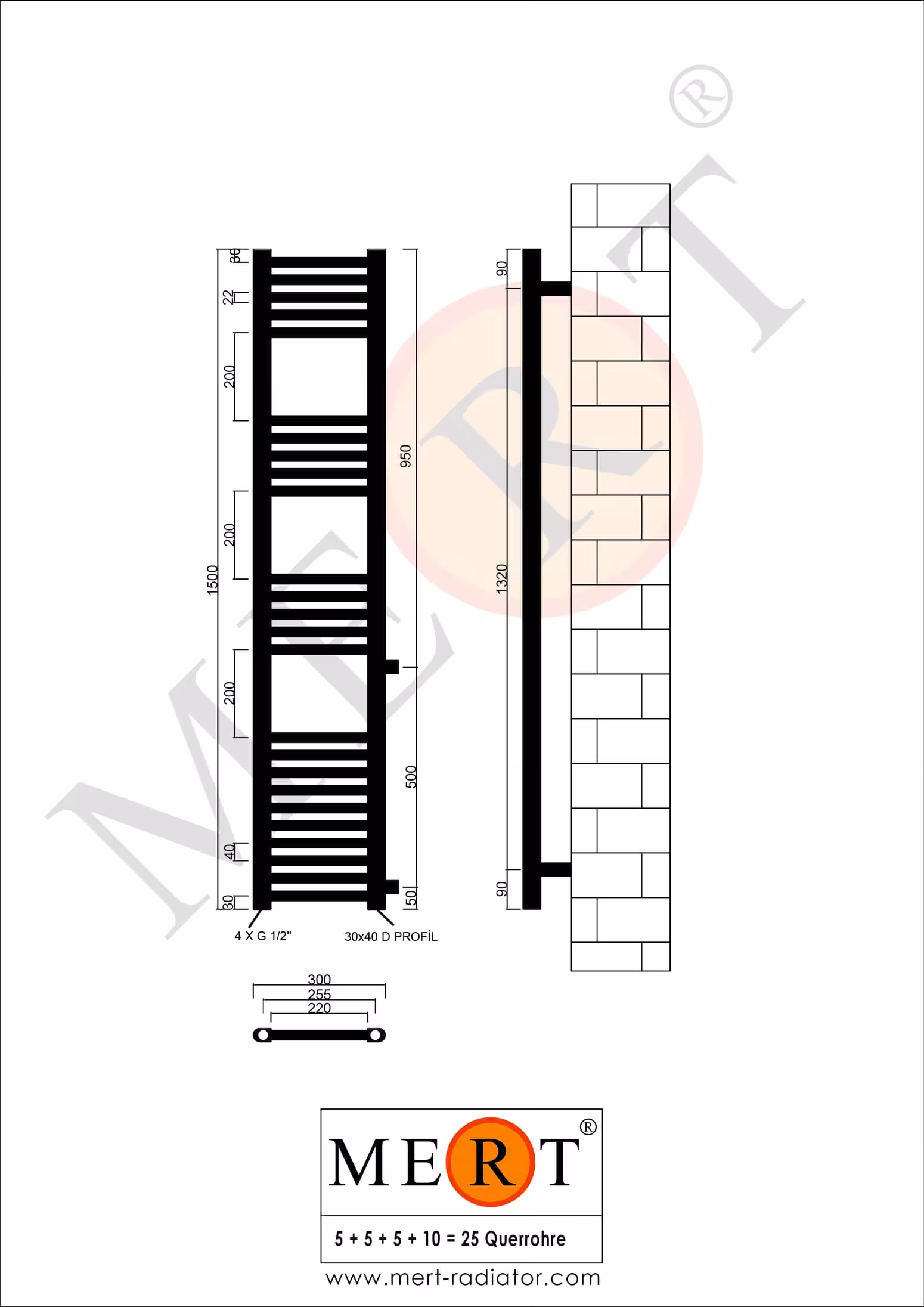 MERT vervangende badkamerradiator wit recht, 300*1500 mm, aansluiting zijkant 500 mm van MERT met art.nr. 1-30x150-ASR-50