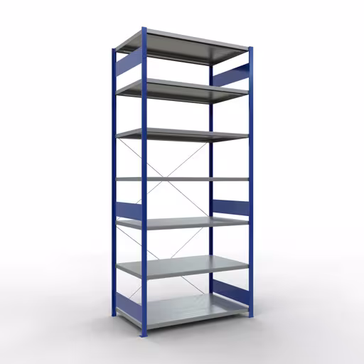 Basisplank, legplank, insteeksysteem MULTIplus250, 3000 x 1300 x 800 mm (HxBxD), 7 legborden, kruisschoor, RAL 5010 gentiaanblauw/verzinkt, basisplank, art.nr. 12982-130-B