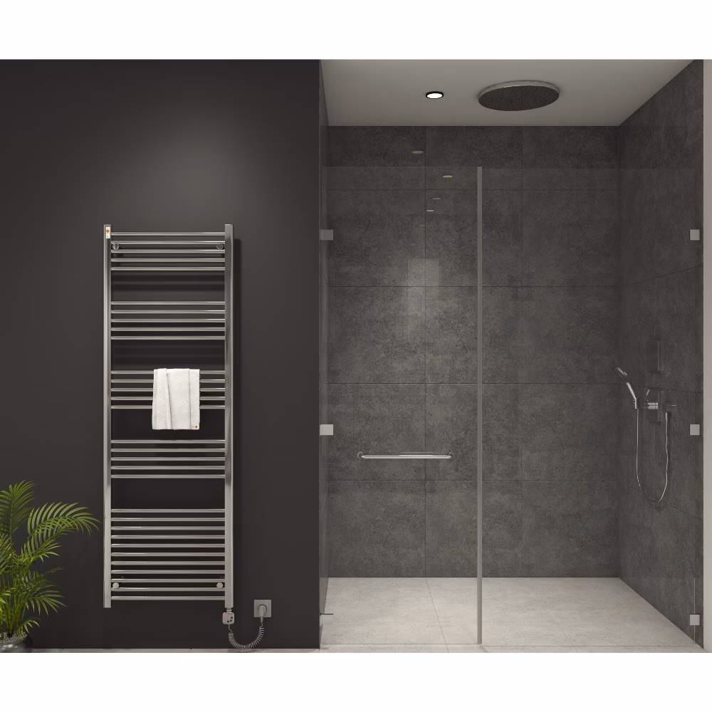 Ohne Text 6712130891021668238 MERT elektrische badkamer radiator, verchroomd, recht, 600x1200 mm met MERT KMX1 regelaar met 400 watt verwarmingselement