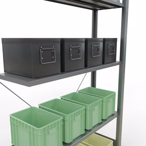 Productafbeelding nr. 14 van het artikel Aanbouwrekken, stellingrekken, insteeksysteem MULTIplus150, 2000 x 1000 x 300 mm (HxBxD), 5 legborden, kruisschoor, verzinkt Figuur nr. 14 van het artikel aanbouwrekken, legbord-insteeksysteem MULTIplus150, 2000 x 1000 x 300 mm, 5 legborden, verzinkt uit de productgroep insteeksysteem van het merk Schulte Lagertechnik.