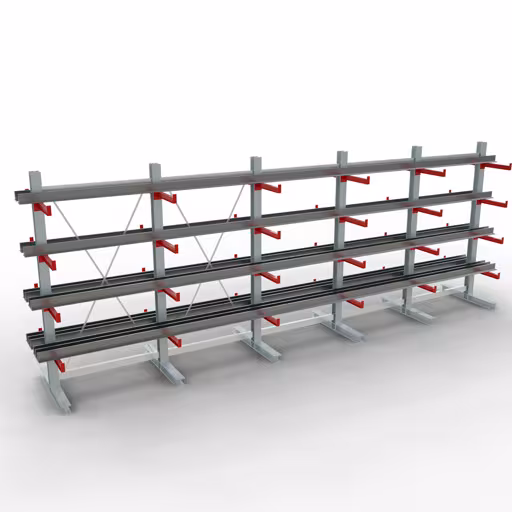 Productafbeelding nr. 11 van artikel K 3000 complete plank, dubbelzijdig, 2500 x 6500 x 500 mm, RAL 7001 / RAL 3000, 5 opslagniveaus Afbeelding nr. 11 van het artikel K 3000 complete stelling, dubbelzijdig, 2500 x 6500 x 500 mm, RAL 7001 / RAL 3000, 5 opslagniveaus uit de productgroep draagarmstellingen van Schulte Lagertechnik