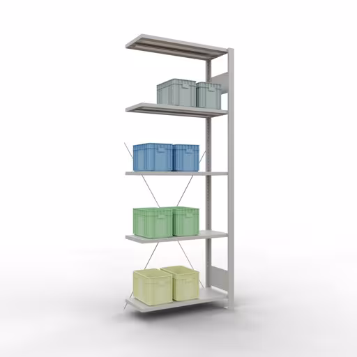 Aanbouwrekken, rekken, insteeksysteem MULTIplus150, 2000 x 750 x 300 mm, 5 legborden, kruisschoor, RAL 7035 lichtgrijs uit de categorie aanbouwrekken met GTIN 4004514205490 Aanbouwrek, stelling, insteeksysteem MULTIplus150, 2000 x 750 x 300 mm, 5 legborden, kruisschoor, RAL 7035 lichtgrijs van het merk Schulte Lagertechnik uit het assortiment insteeksysteem