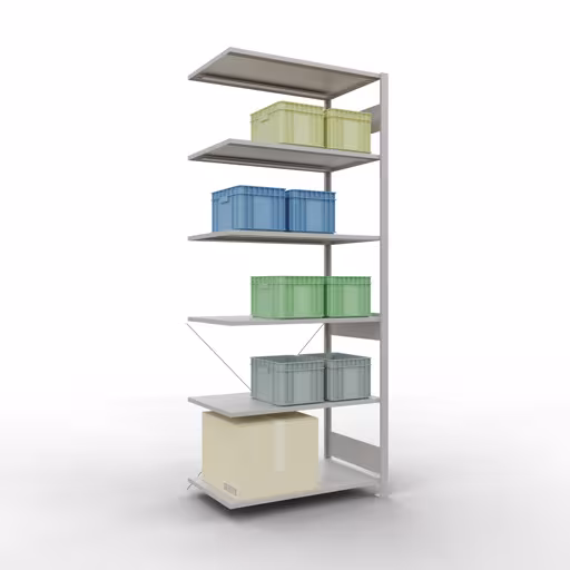 Productafbeelding nr. 14 van het artikel Aanbouwrekken, legbordstellingen, insteeksysteem MULTIplus85, 2500 x 1000 x 600 mm (HxBxD), 6 legborden, kruisschoor, RAL 7035 lichtgrijs Figuur nr. 14 van het artikel aanbouwrekken, legbordstellingen, insteeksysteem MULTIplus85, 2500 x 1000 x 600 mm, 6 legborden, RAL 7035 lichtgrijs uit de productgroep insteeksysteem van het merk Schulte Lagertechnik.