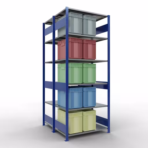 Basisplank, dubbele plank, legplank-insteeksysteem MULTIplus150, 2500 x 1000 x (2x600) mm (HxBxD), 2x6 legborden, lengtebalk, RAL 5010 gentiaanblauw met artikelnr. 33161-B Basisplank, dubbele plank, rekkensysteem MULTIplus150, 2500 x 1000 x (2x600) mm, 2x6 planken, lengtestangen, RAL 5010 gentiaanblauw van Schulte Lagertechnik uit de categorie rekken