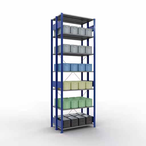 Basisplank, dubbele plank, stellingsysteem MULTIplus150, 3000 x 1000 x (2x600) mm (HxBxD), 2x7 planken, kruisschoor, RAL 5010 gentiaanblauw met het artikelnr. 32732-B Basisplank, dubbele plank, rekkensysteem MULTIplus150, 3000 x 1000 x (2x600) mm, 2x7 planken, RAL 5010 gentiaanblauw van Schulte Lagertechnik uit de categorie rekken