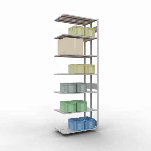 Aanbouwrekken, dubbele rekken, stellingsysteem MULTIplus150, 3000 x 1000 x (2x300) mm (HxBxD), 2x7 planken, lengtestangen, RAL 7035 lichtgrijs met artikelnr. 33137 Aanbouwrekken, dubbele rekken, rekkensysteem MULTIplus150, 3000 x 1000 x (2x300) mm, 2x7 planken, RAL 7035 lichtgrijs van Schulte Lagertechnik uit de categorie rekken